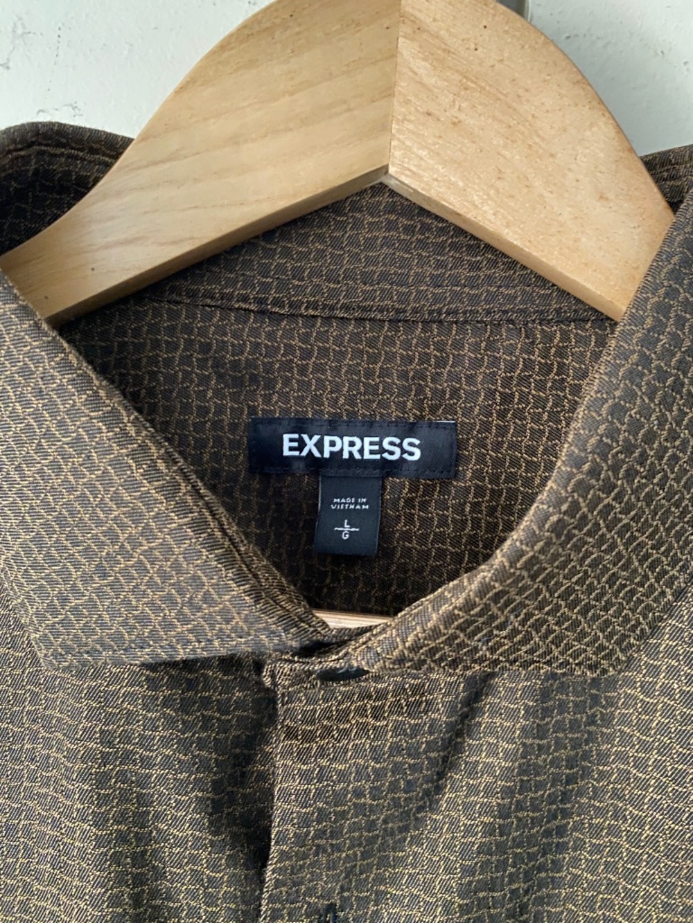 Express Mens Large Brown Geometric Print Dress Shirt Button Down Long Sleeve